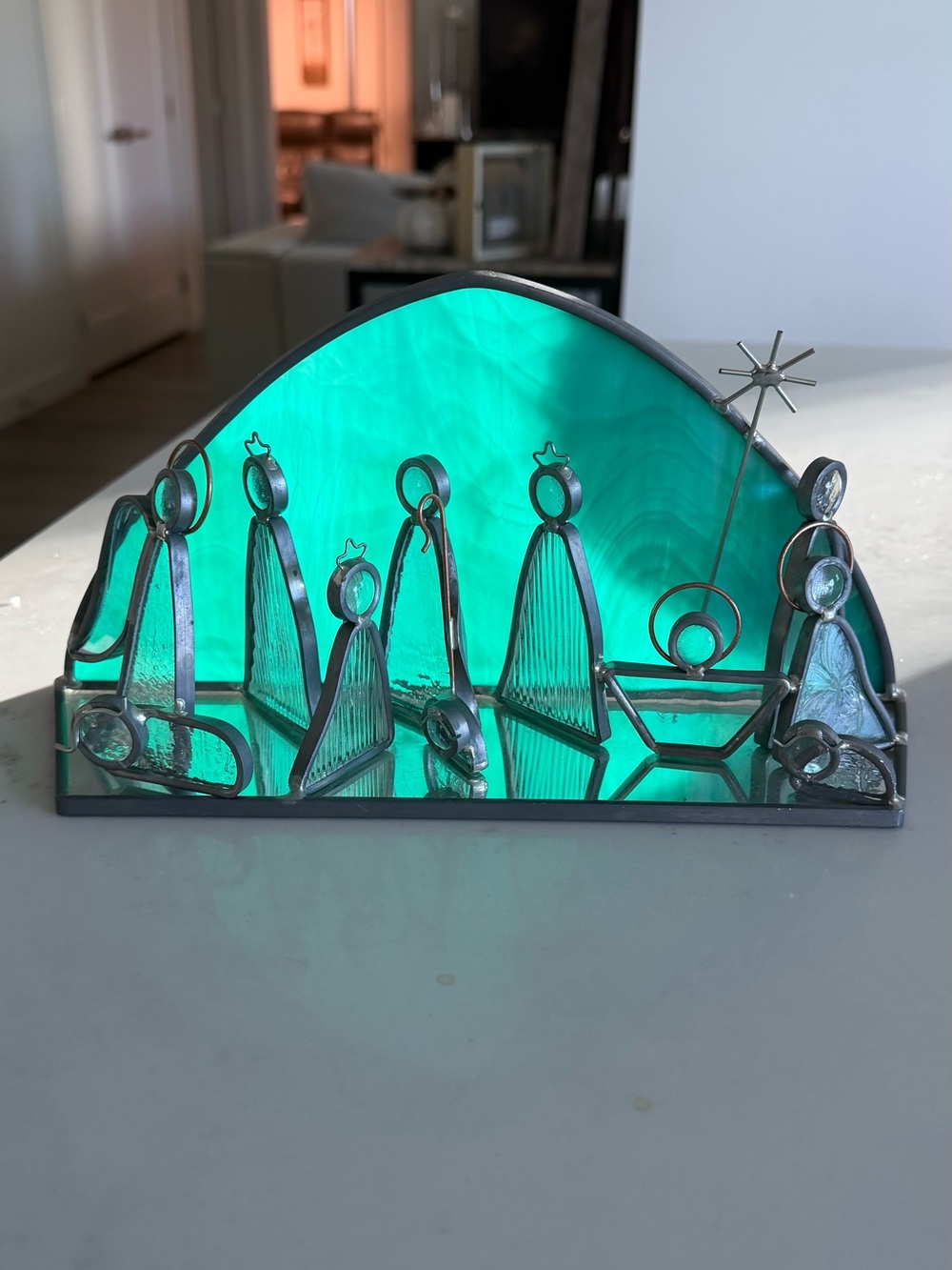 Handcrafted Teal Stained Glass Nativity Scene - Decorative Home Art